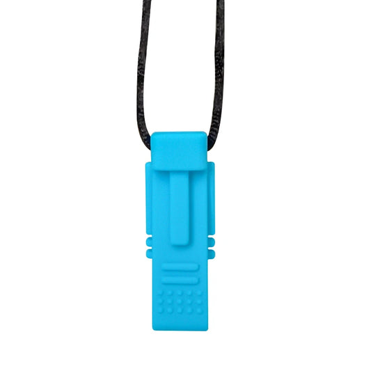 Blue pendant on a black cord against a white background