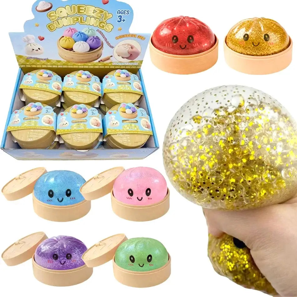 Dumpling Squishy Stress Ball – Cute Glitter Sensory Fidget Toy displayed with colorful glittery designs and packaging.