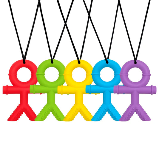 five colorful human shaped chew chewelry toys for sensory needs and autism