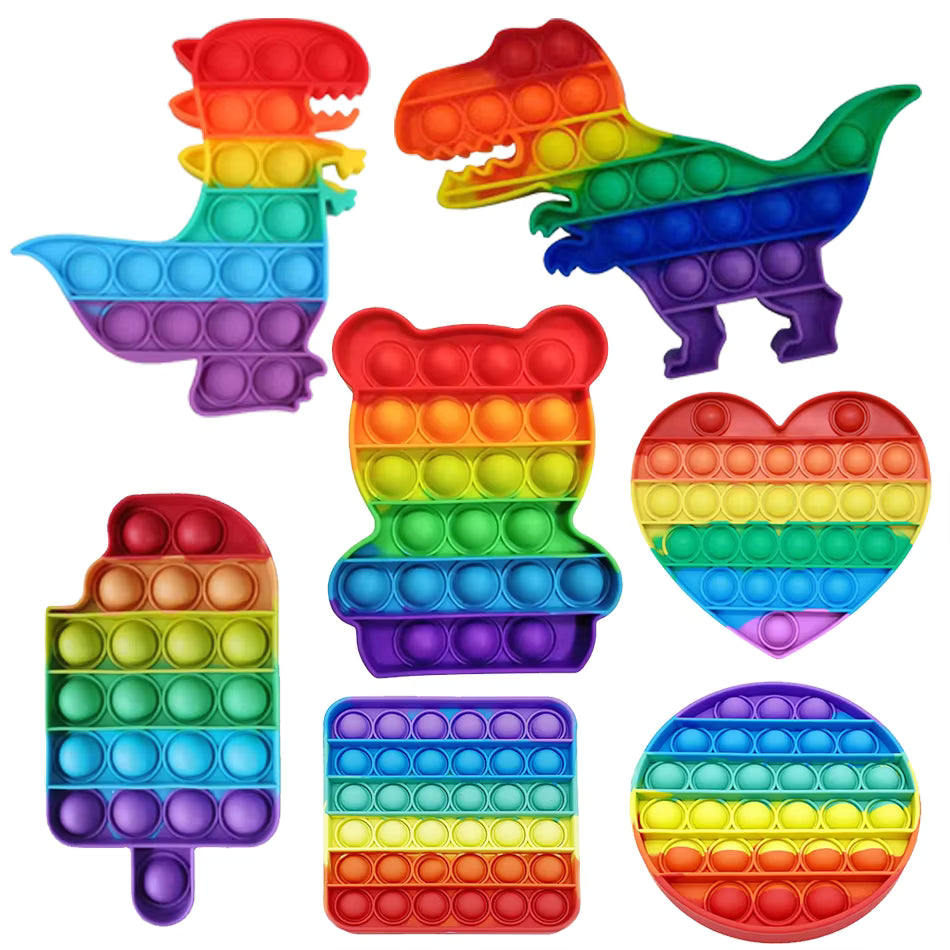 Rainbow Pop-It Fidget Toy — Assorted Shapes in colorful dino, heart, and bear designs, perfect sensory toys Ireland.