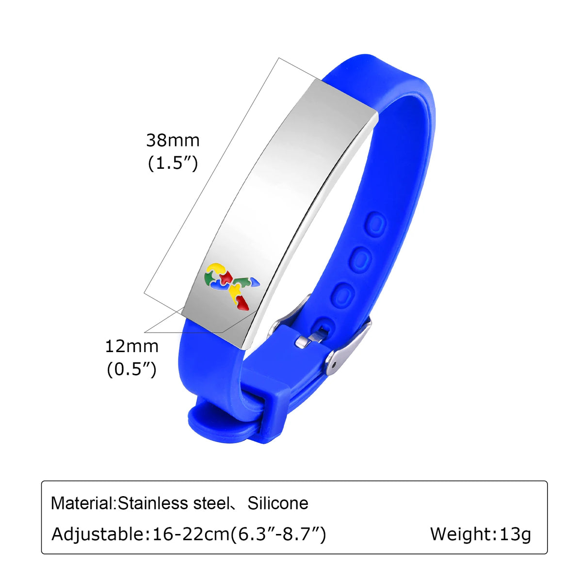 Blue personalized autism bracelet. with custom text. front view