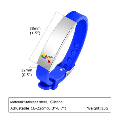 Blue personalized autism bracelet. with custom text. front view