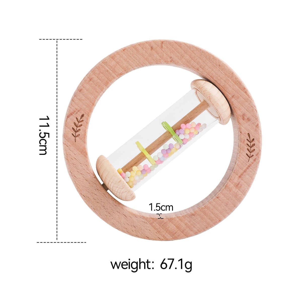 Wooden ring rattle rain maker sensory toy with colorful beads, 11.5cm diameter