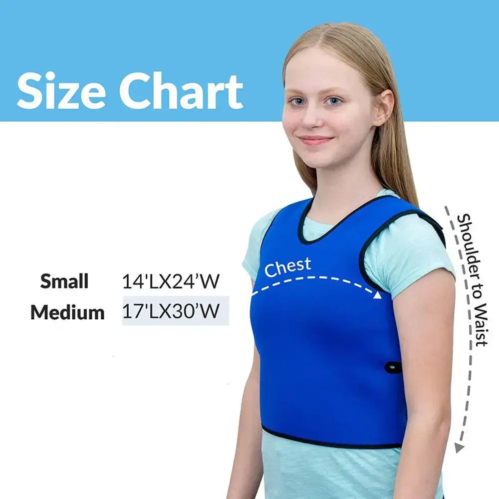 Size chart for Kids Sensory Compression Vest – Deep Pressure Comfort Vest with sizing dimensions.