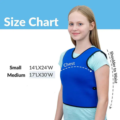 Size chart for Kids Sensory Compression Vest – Deep Pressure Comfort Vest with sizing dimensions.
