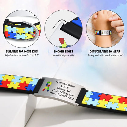 Information on the personalized autism bracelet, indicating its suitability for kids, comfort and smooth edges 
