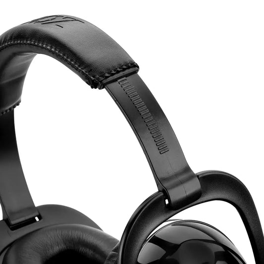 Branded Kids & Adults Noise Reduction Earmuffs – Sensory Ear Defenders close-up view of black ear cup and headband.