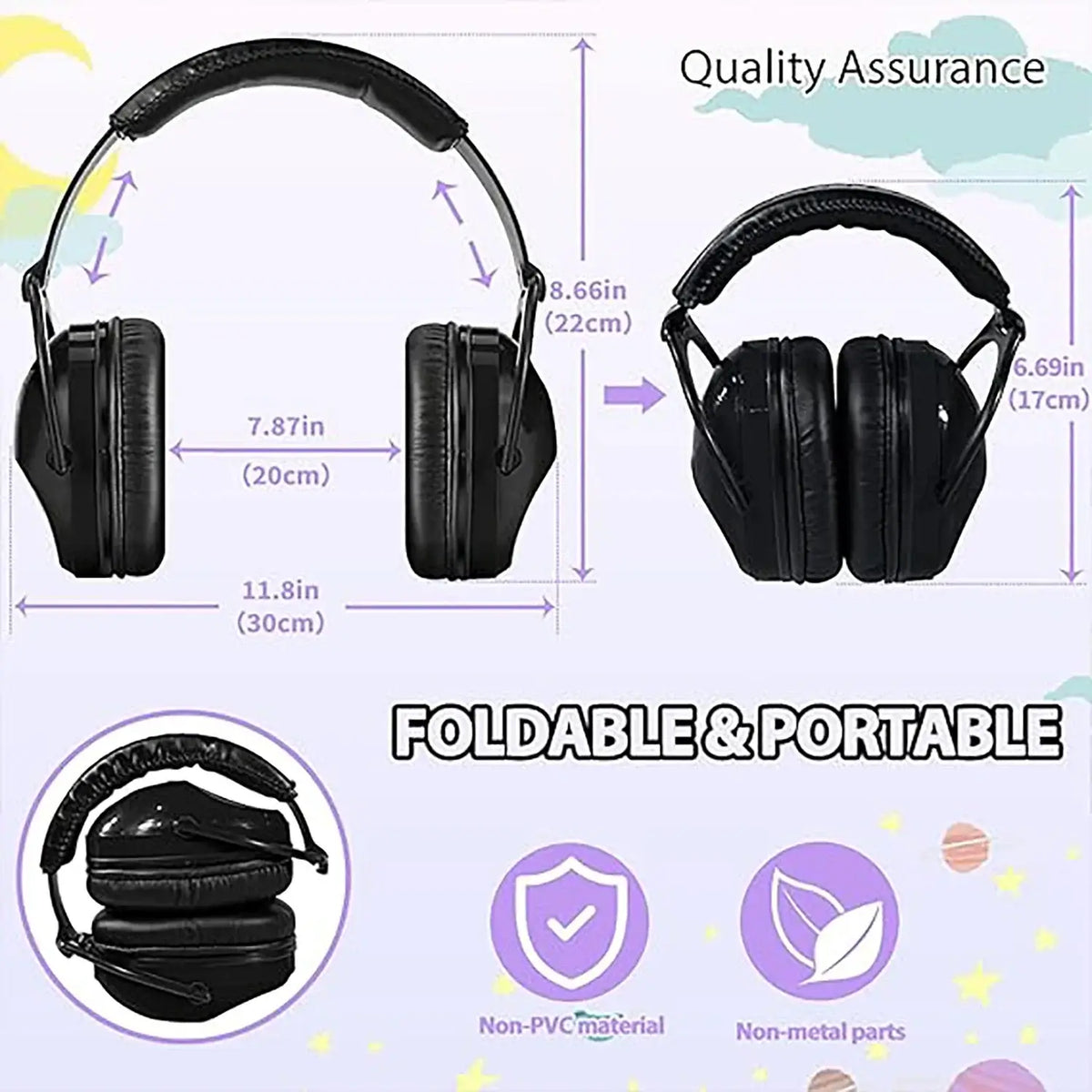 Branded Kids & Adults Noise Reduction Earmuffs – Sensory Ear Defenders showing foldable design and quality assurance features.