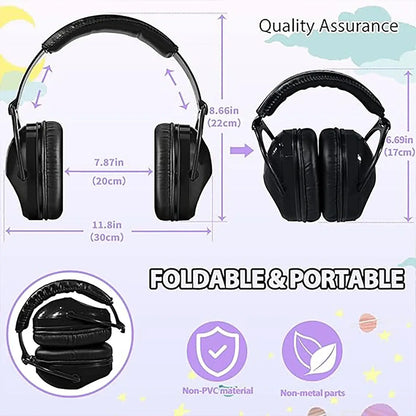 Branded Kids & Adults Noise Reduction Earmuffs – Sensory Ear Defenders showing foldable design and quality assurance features.