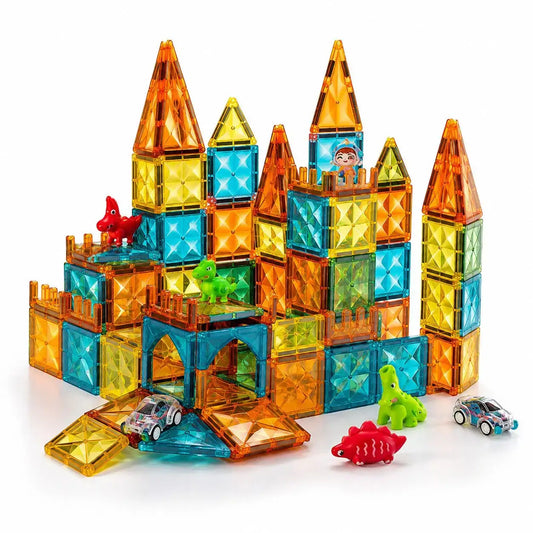 Colorful 78 Pieces Magnetic Building Blocks set with dinosaur figures for imaginative play and sensory fun in Ireland.