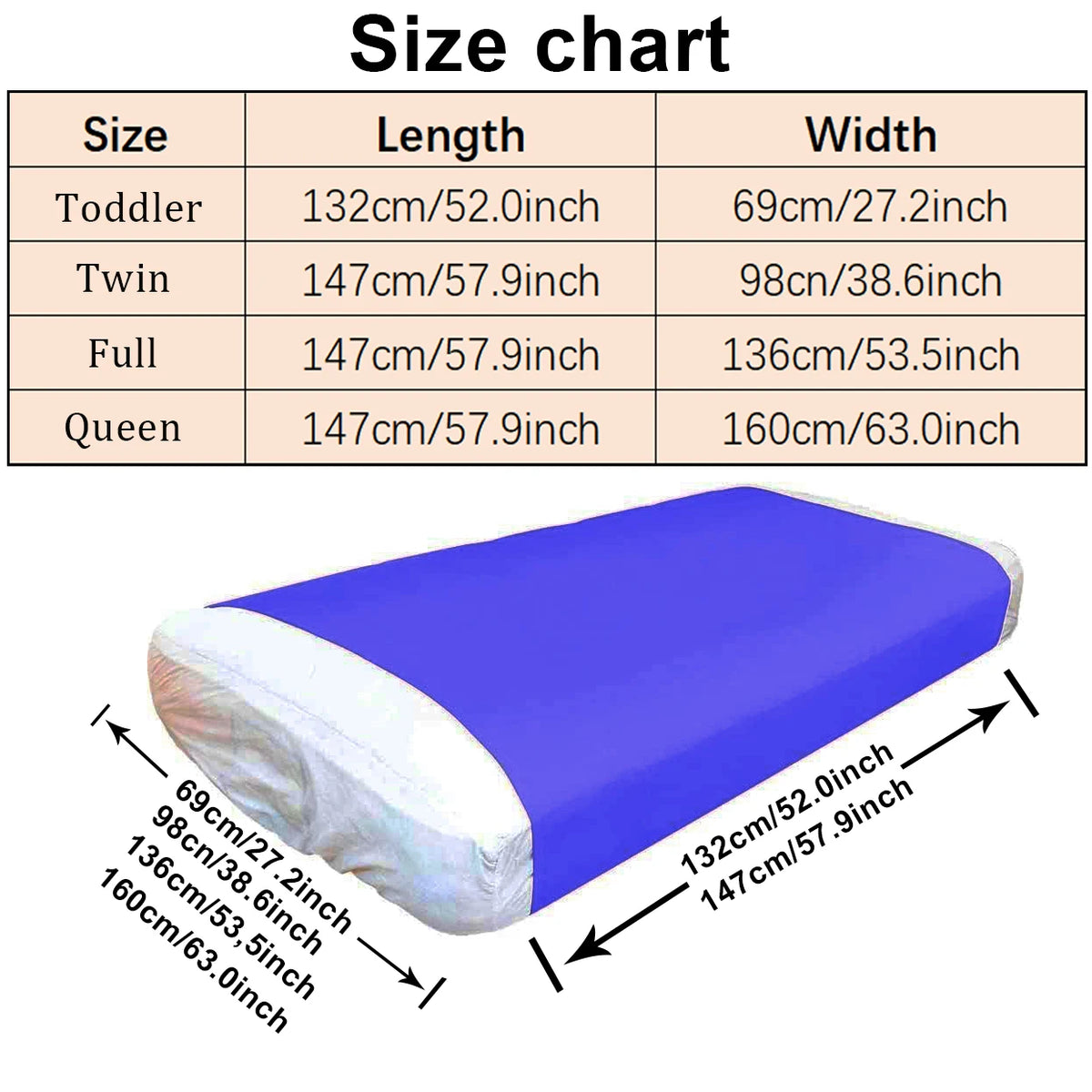 Size chart for compression mattress covers for sensory needs with dimensions labeled