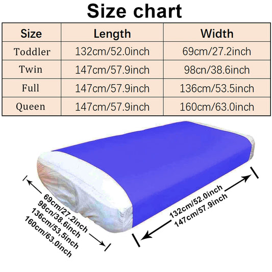 Size chart for compression mattress covers for sensory needs with dimensions labeled