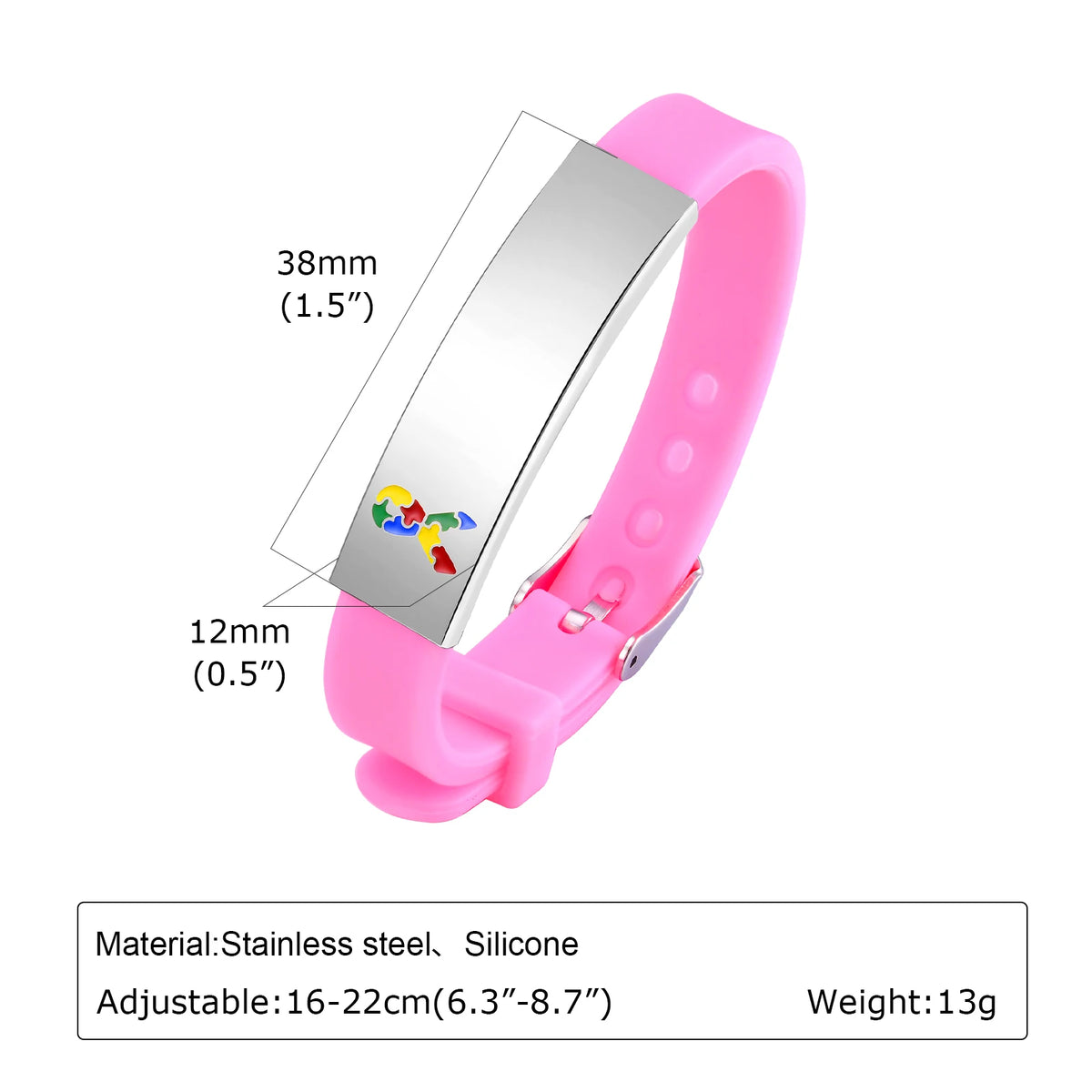 pink personalized autism bracelet. with custom text. front and back view
