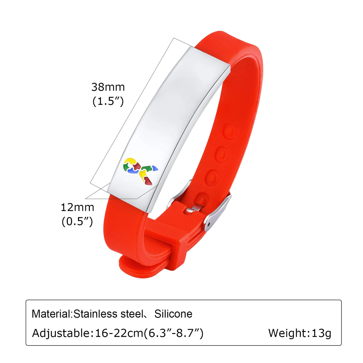 red personalized autism bracelet. with custom text. front view