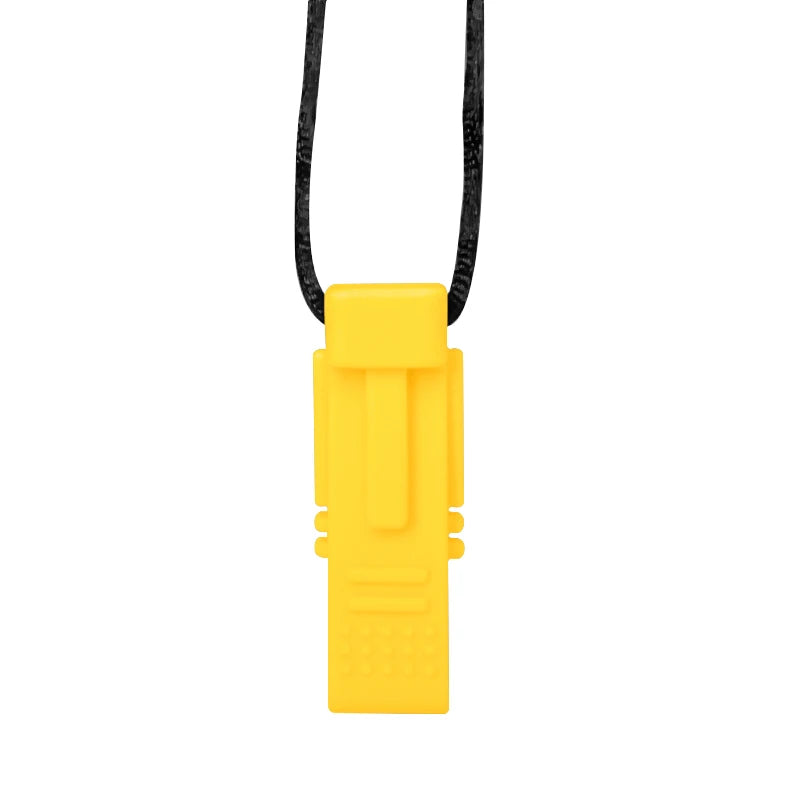 Yellow whistle with black cord on a white background