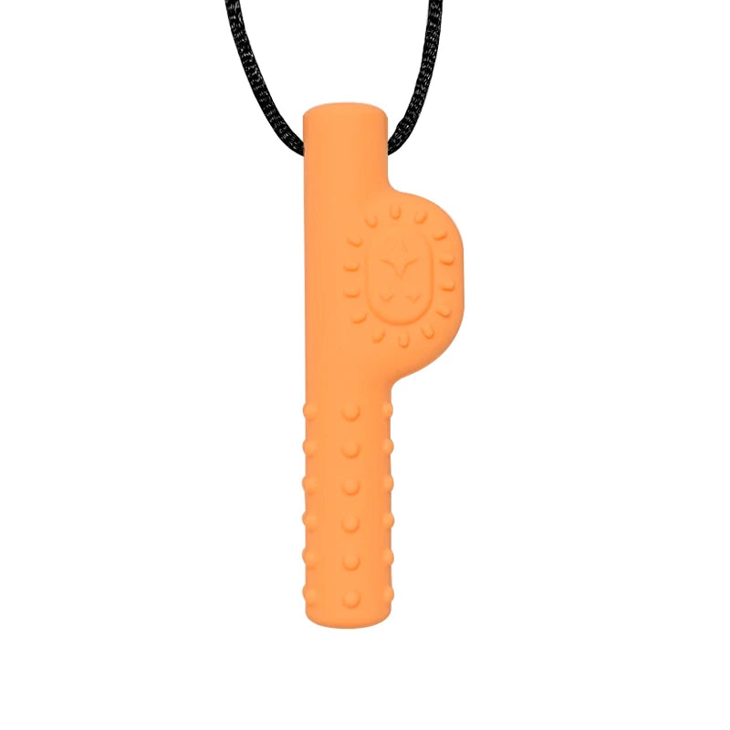 Orange dog toy with black cord on a white background