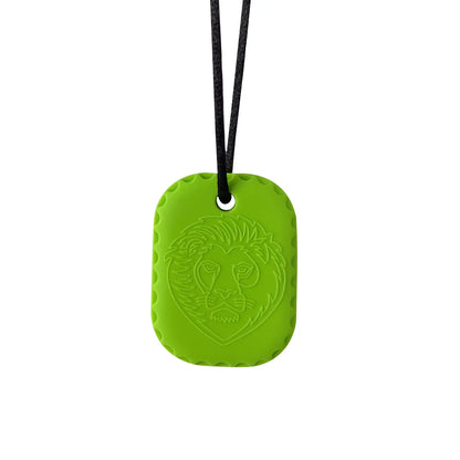 Green pendant with lion design on a white background