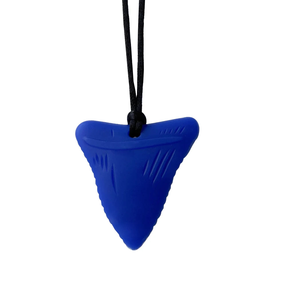 Blue shark tooth-shaped pendant on a black cord against a white background