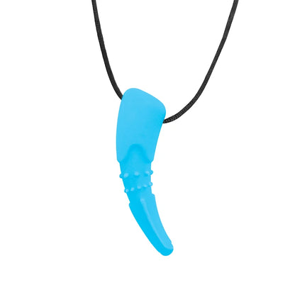 Blue pendant on a black cord against a white background