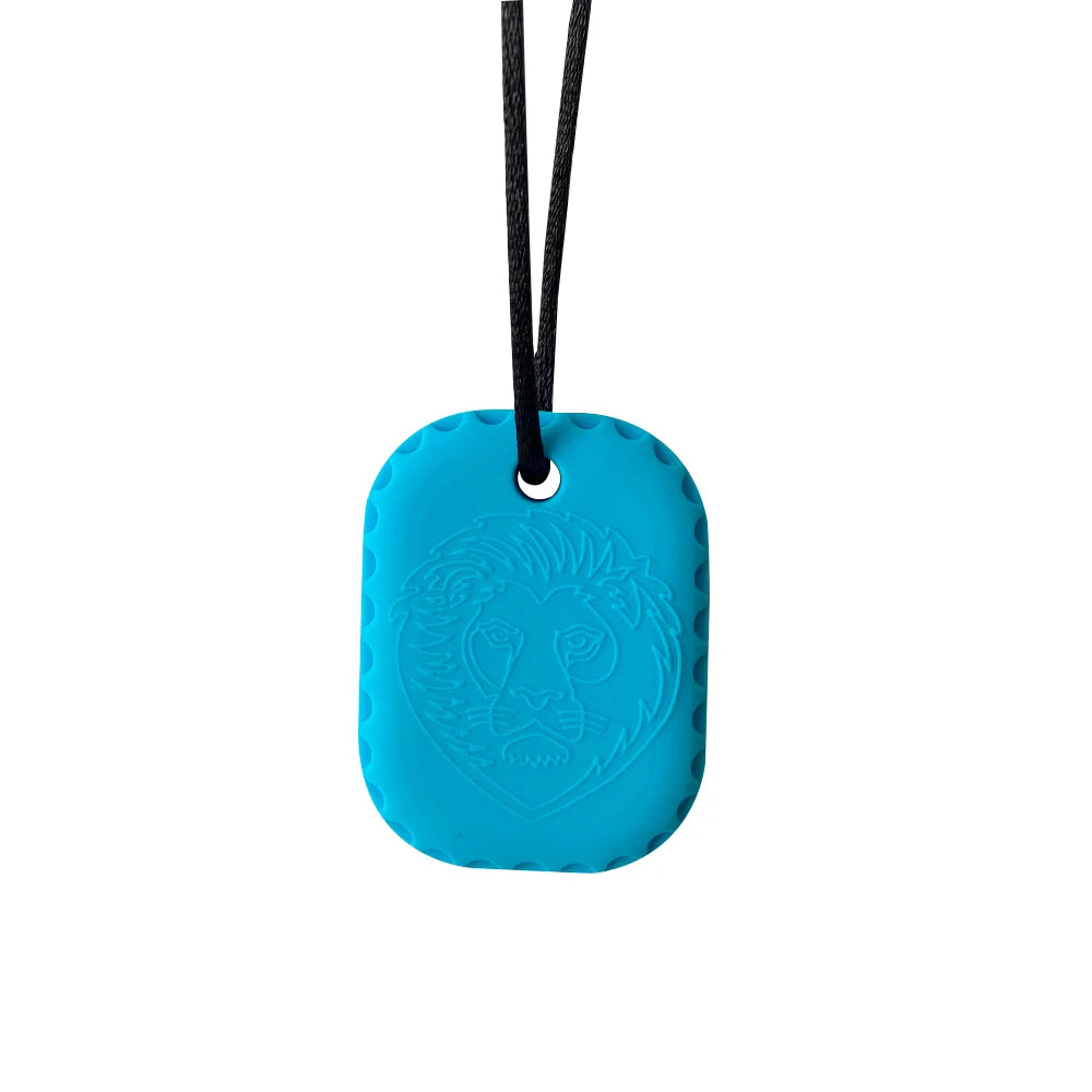 Blue pendant with lion design on a white background