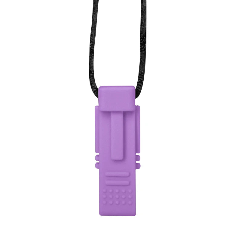 Purple whistle pendant on a black cord against a white background