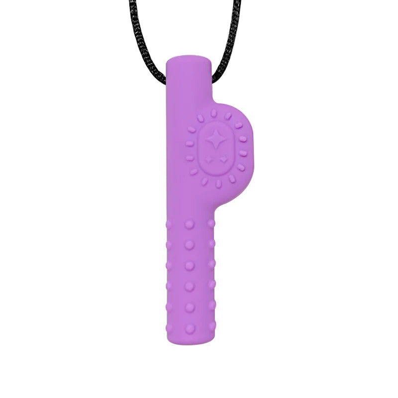 Purple whistle with black cord on a white background