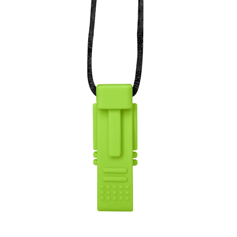 Green whistle pendant on a black cord against a white background