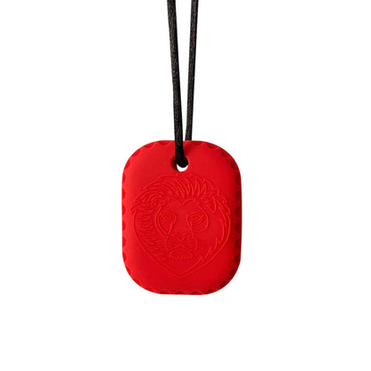 Red pendant with lion emblem on a black cord against a white background