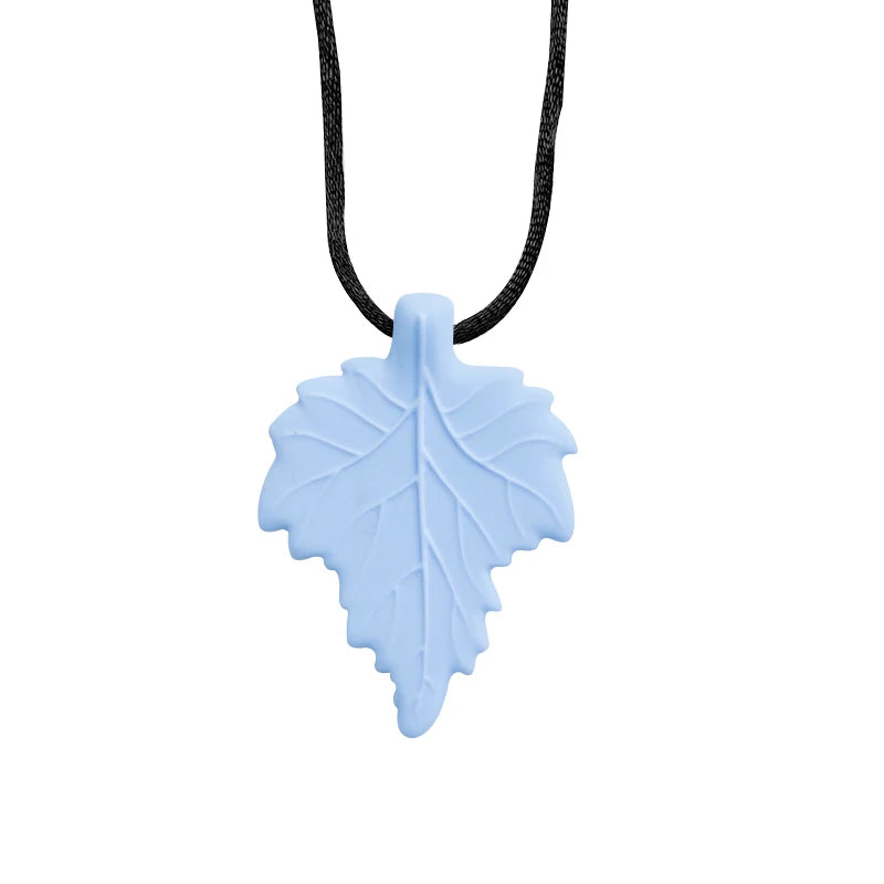 Light blue leaf-shaped pendant on a black cord against a white background