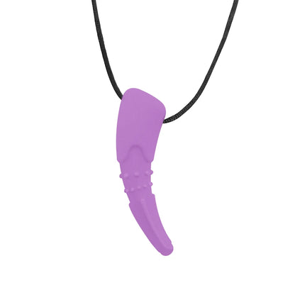 Purple shark tooth pendant on a black cord against a white background