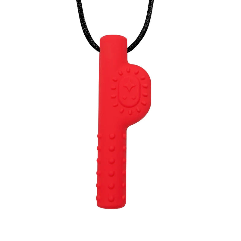 Red whistle-shaped pendant on a black cord against a white background