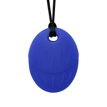 Blue pendant on a black cord against a white background