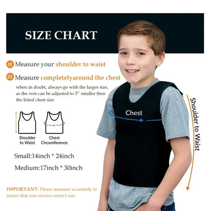 Size chart for Kids Sensory Compression Vest – Deep Pressure Comfort Vest showing measurements for comfort and fit.