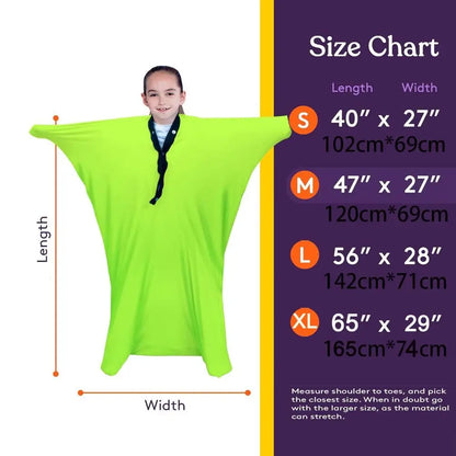 Size chart for Sensory Compression Body Sock for Kids showing various sizes for optimal fit.