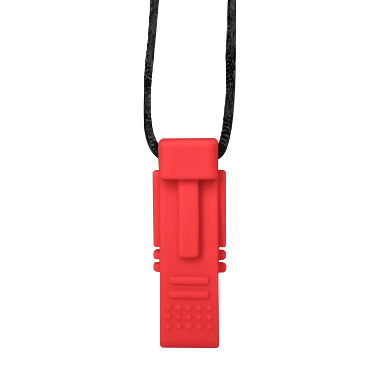 Red pendant on a black cord against a white background