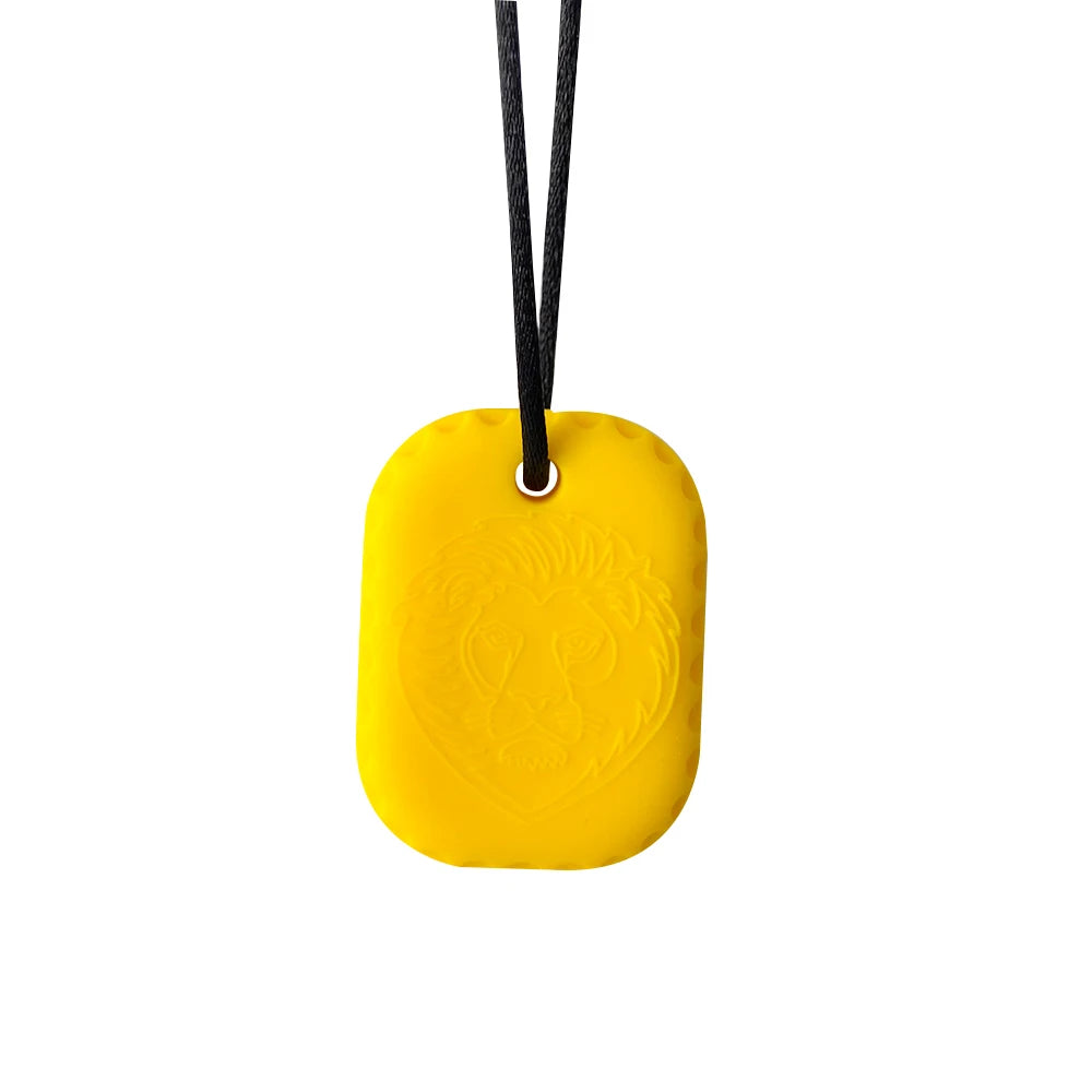 Yellow square pendant with a black cord on a white background