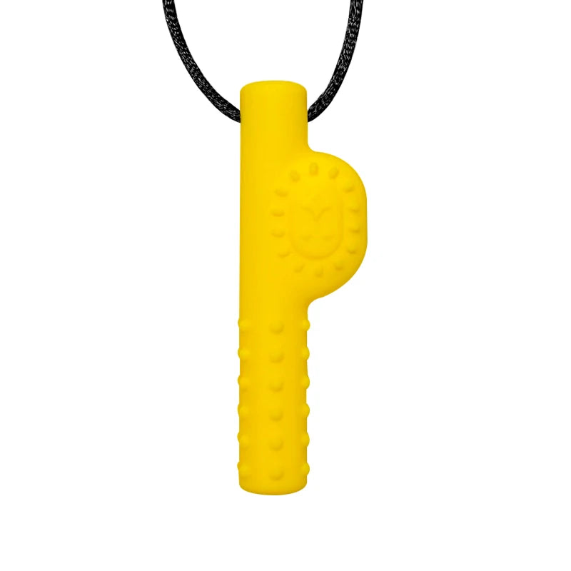 Yellow textured object on a black cord against a white background