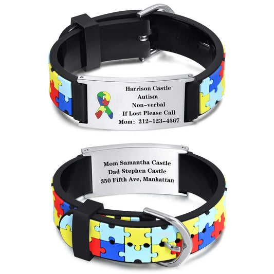 Personalized black & white autism awareness bracelet with custom text and puzzle design
