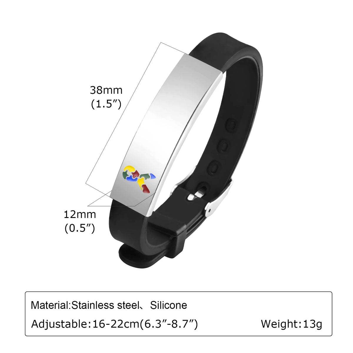 black & white personalized autism bracelet. with custom text. front view