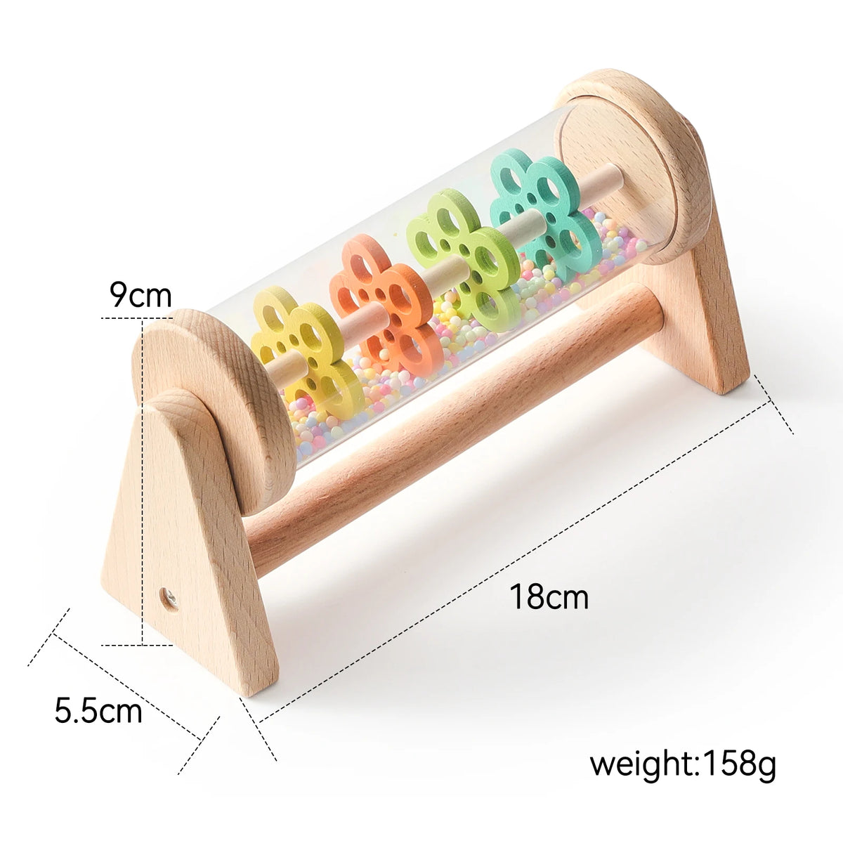 Wooden rain sound maker sensory toy with colorful bead-filled roller, 18x9cm
