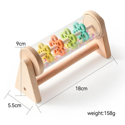 Wooden rain sound maker sensory toy with colorful bead-filled roller, 18x9cm