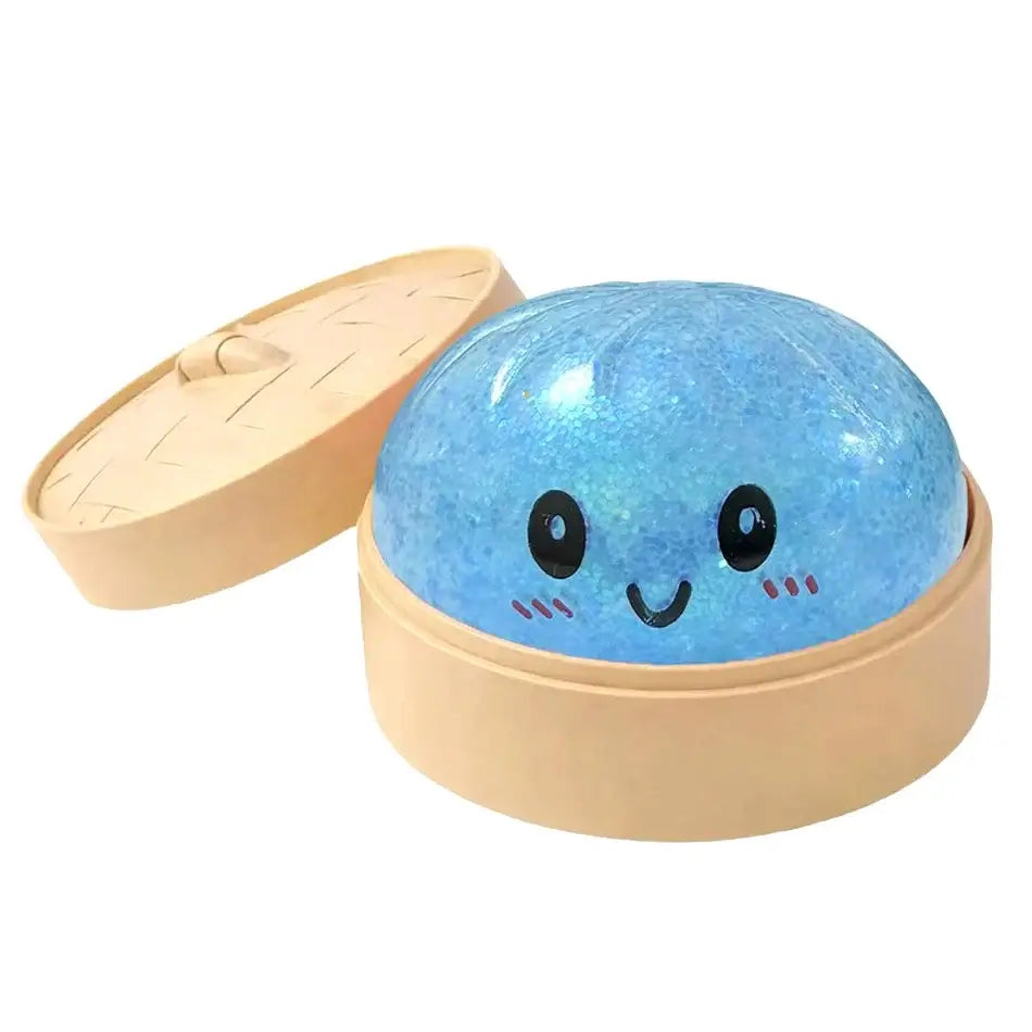 Dumpling Squishy Stress Ball – Cute Glitter Sensory Fidget Toy in blue color, perfect calming sensory toy for kids and adults.