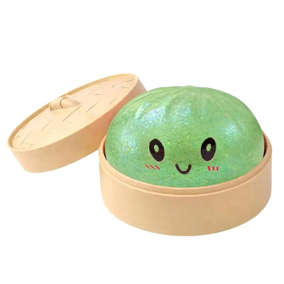 Dumpling Squishy Stress Ball – Cute Glitter Sensory Fidget Toy in a bamboo steamer, perfect sensory toy for kids and adults in Ireland.