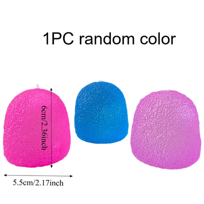 three colorful textured stress balls for fidgetting with  dimensions indicated on a white backround