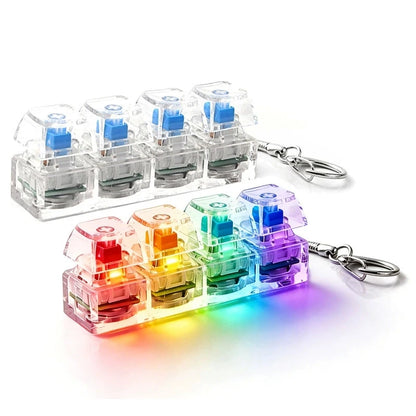 Illuminated mechanical fidget keychain with blue LED lights, held in hand