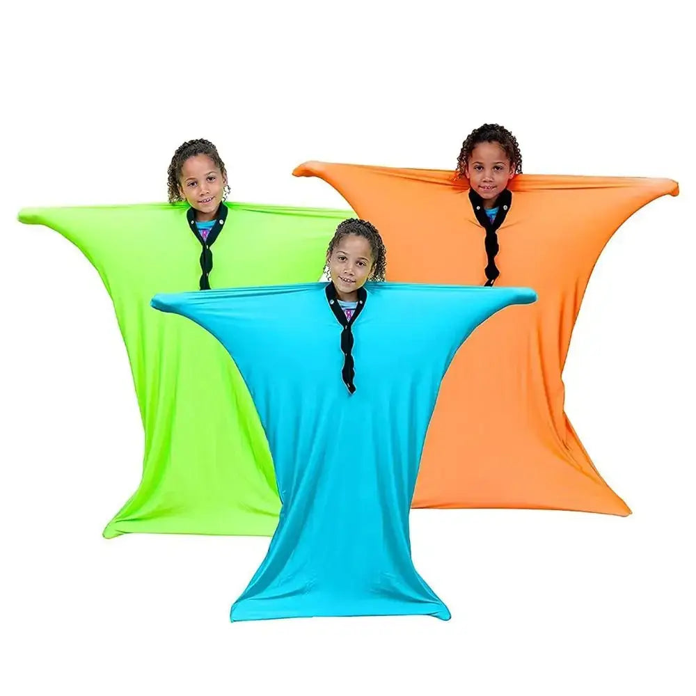 Kids enjoying the Sensory Compression Body Sock for Kids in vibrant colors, perfect for sensory play.