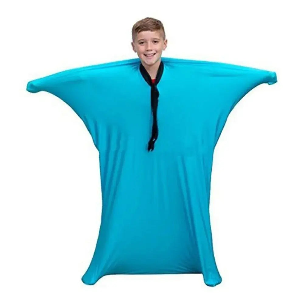 Boy in a light blue Sensory Compression Body Sock for Kids, perfect sensory toy for children and calming sensory activities.