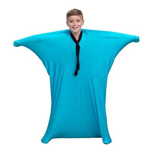 Boy in a light blue Sensory Compression Body Sock for Kids, perfect sensory toy for children and calming sensory activities.