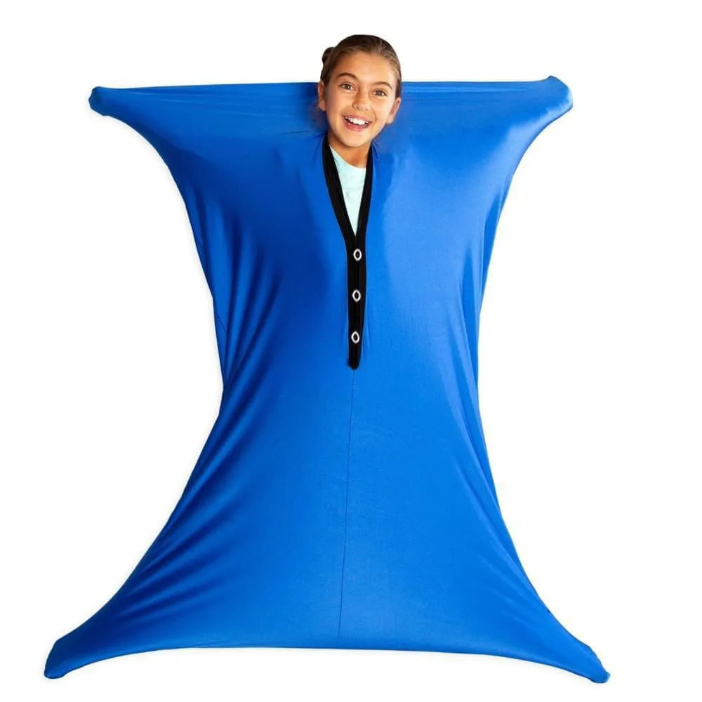 Child enjoying the Sensory Compression Body Sock for Kids in blue, perfect calming sensory toy for kids in Ireland.