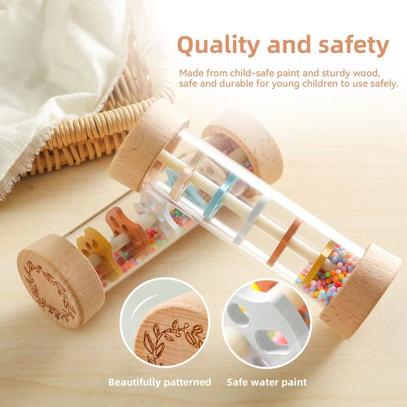 Showcase of wooden sound maker, guaranteeing its quality and safety.